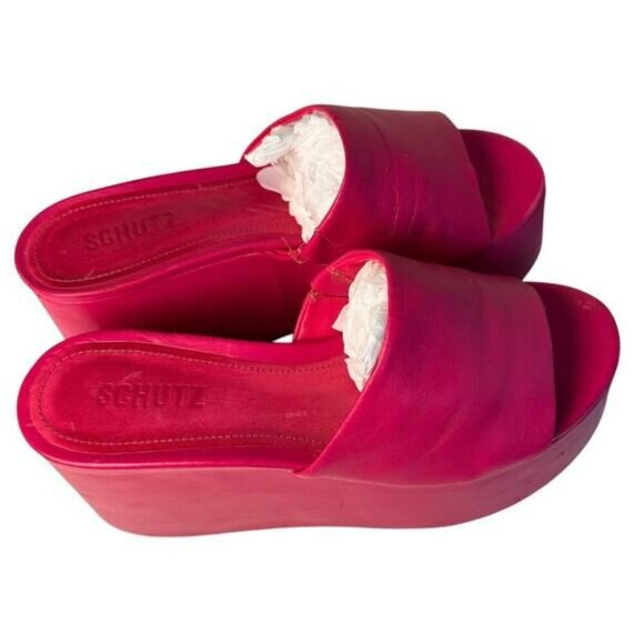 Schutz Hot Pink Leather Platform Wedge Sandals Sz 7.5 Barbie Y2K Chunky Festival - Picture 9 of 16